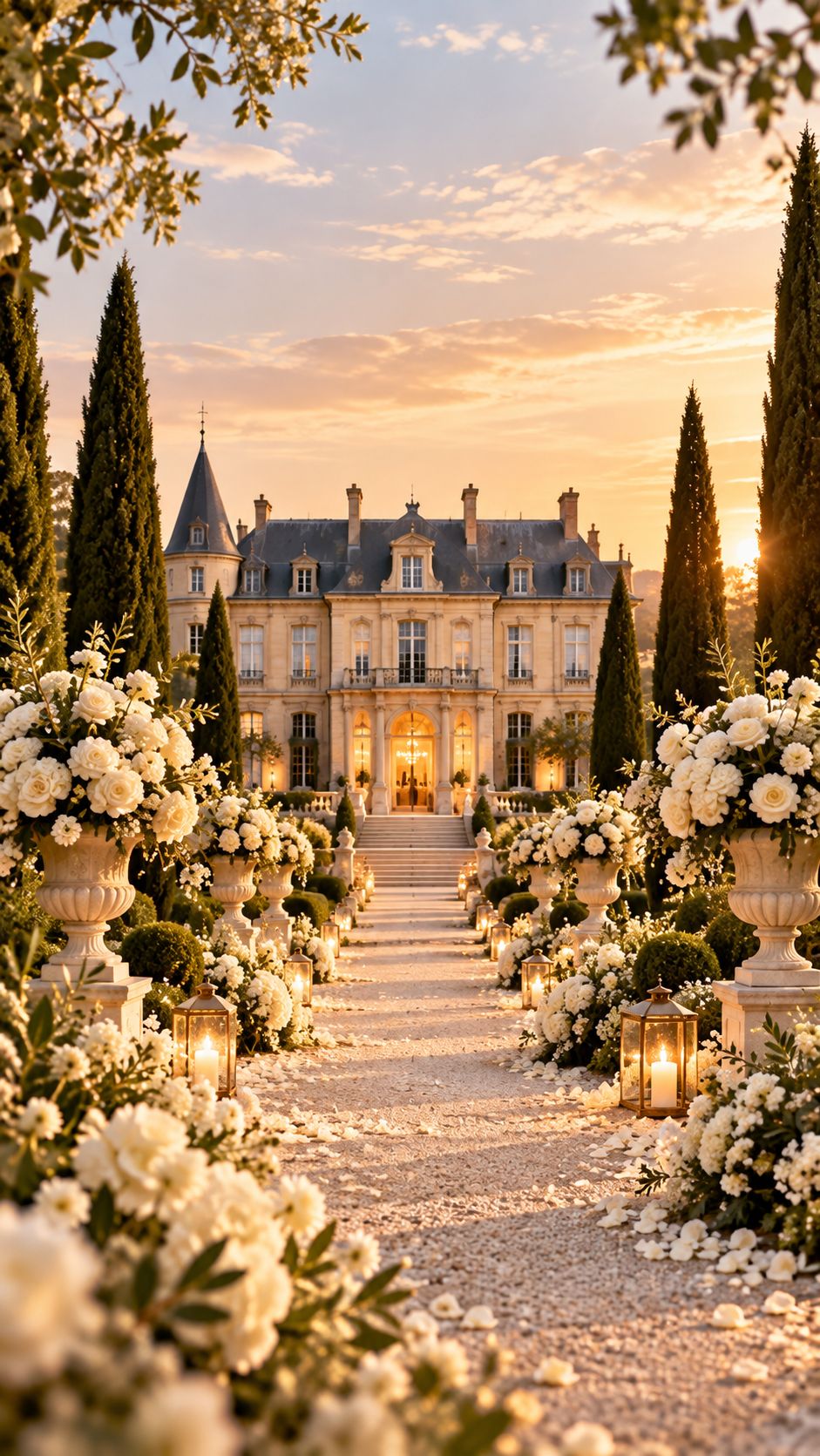 Le domaine et son allée fleurie au coucher du soleil