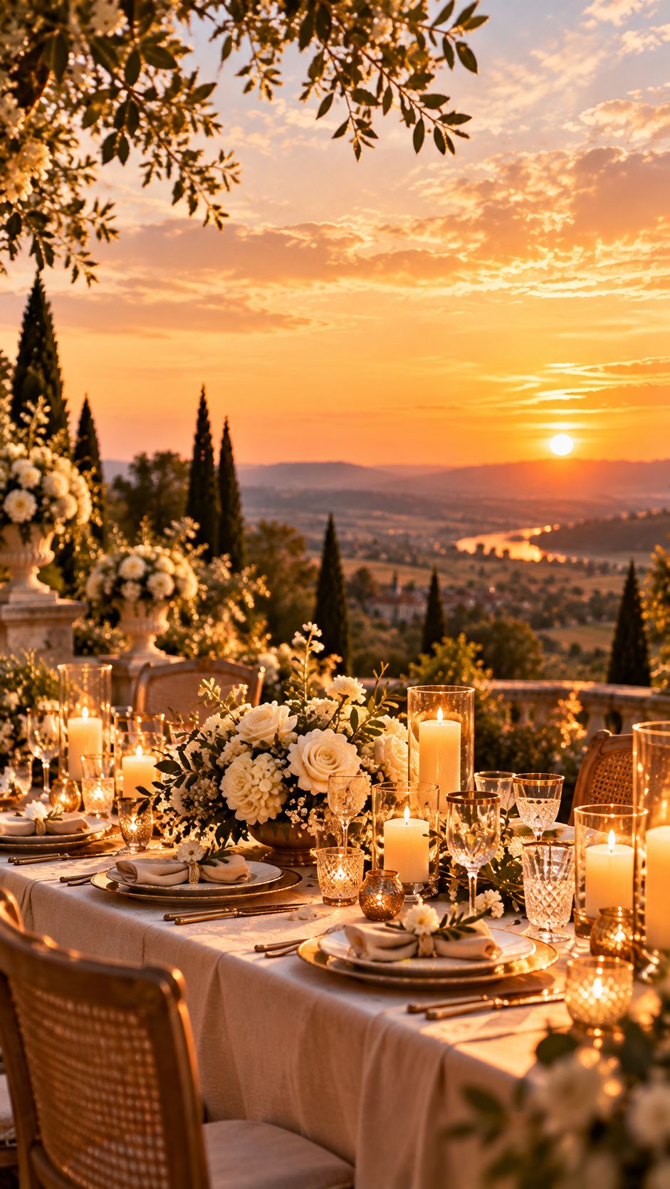 La table du dîner aux chandelles face au coucher du soleil
